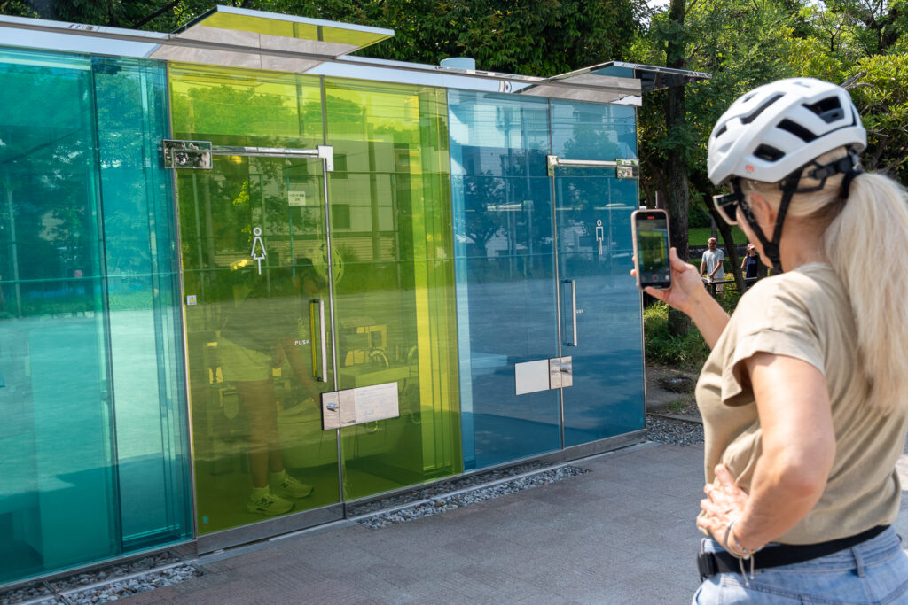 See the fancy translucent toilet at a local park.