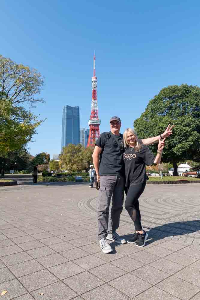 Tokyo Tower in a blue sky.